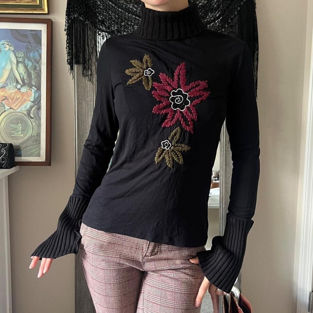 Terranova Black Embroidered Floral Turtleneck Top Euro Grunge Y2K Women Small
